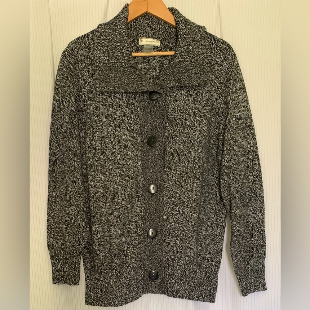 Allison Daley - Heathered Black / White Knit Collard Button Up Cardigan Sweater